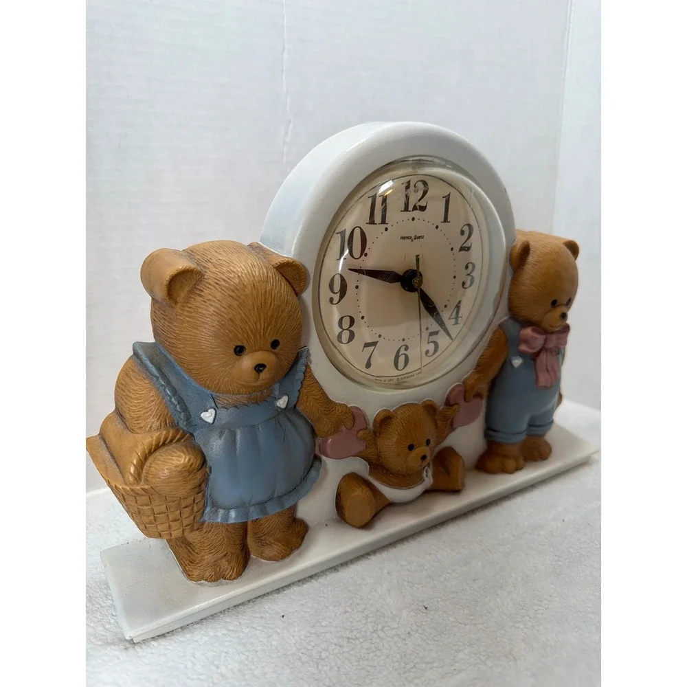 Burwood Homco Wall Clock Teddy Bear Family 1987 Nursery Decor Brown Blue USA